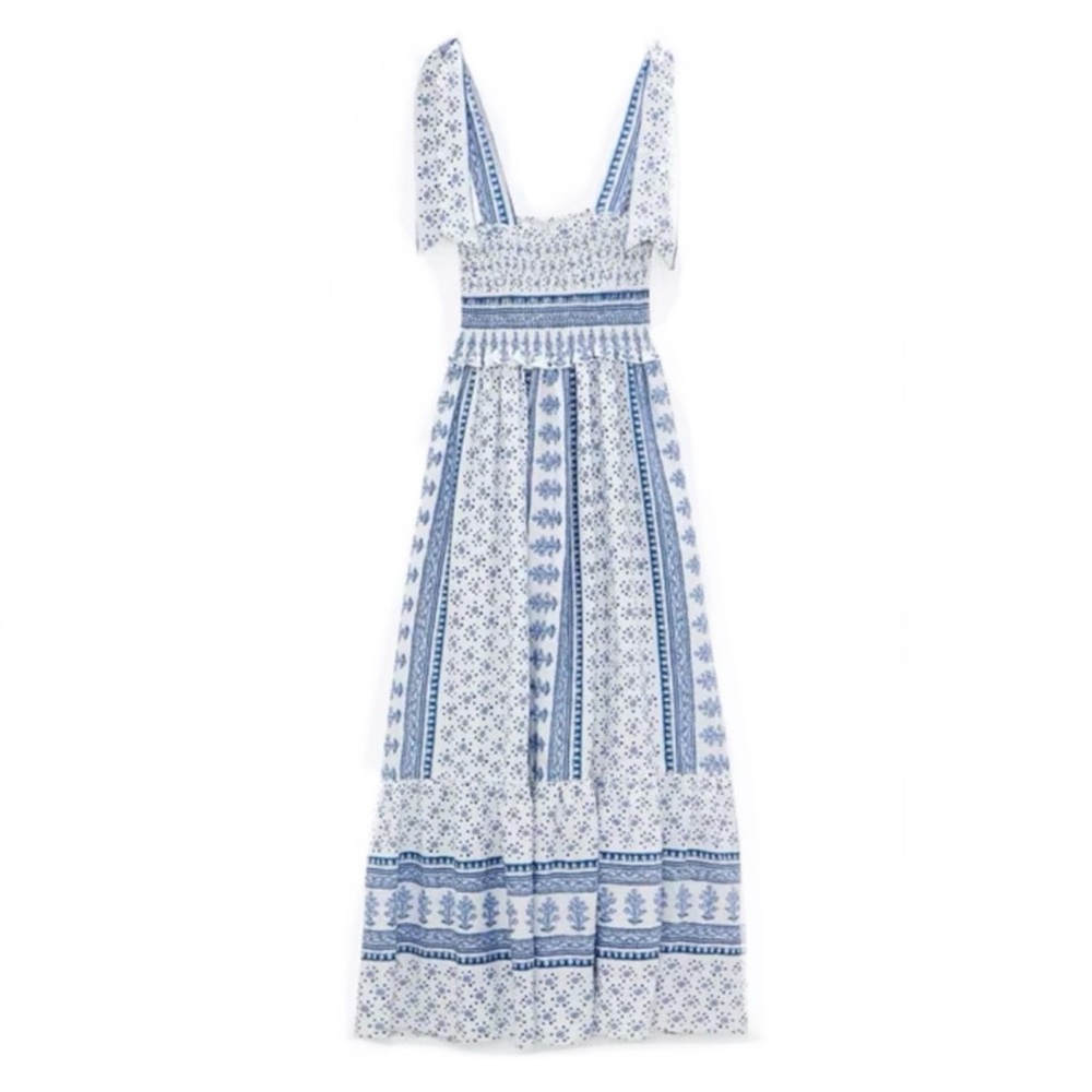 Zara Blue and White Tie Midi Dress